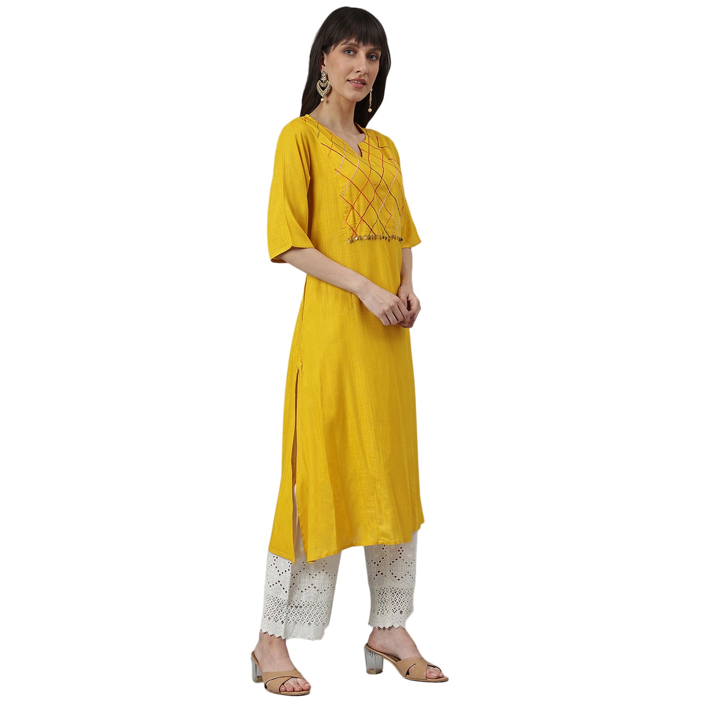 Mustard A-Line Embroidery Kurta