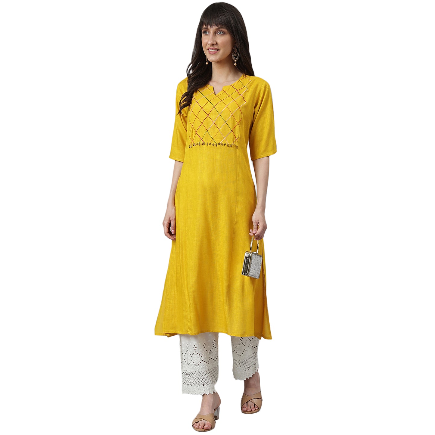 Mustard A-Line Embroidery Kurta