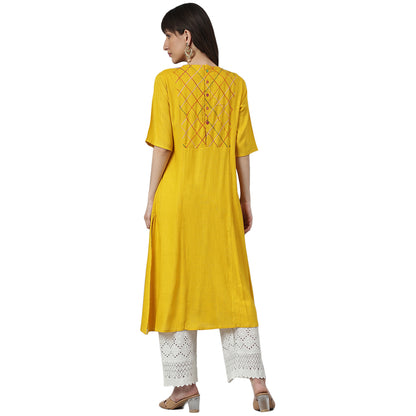 Mustard A-Line Embroidery Kurta