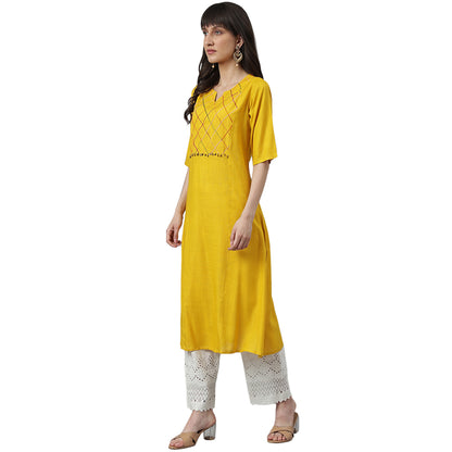 Mustard A-Line Embroidery Kurta