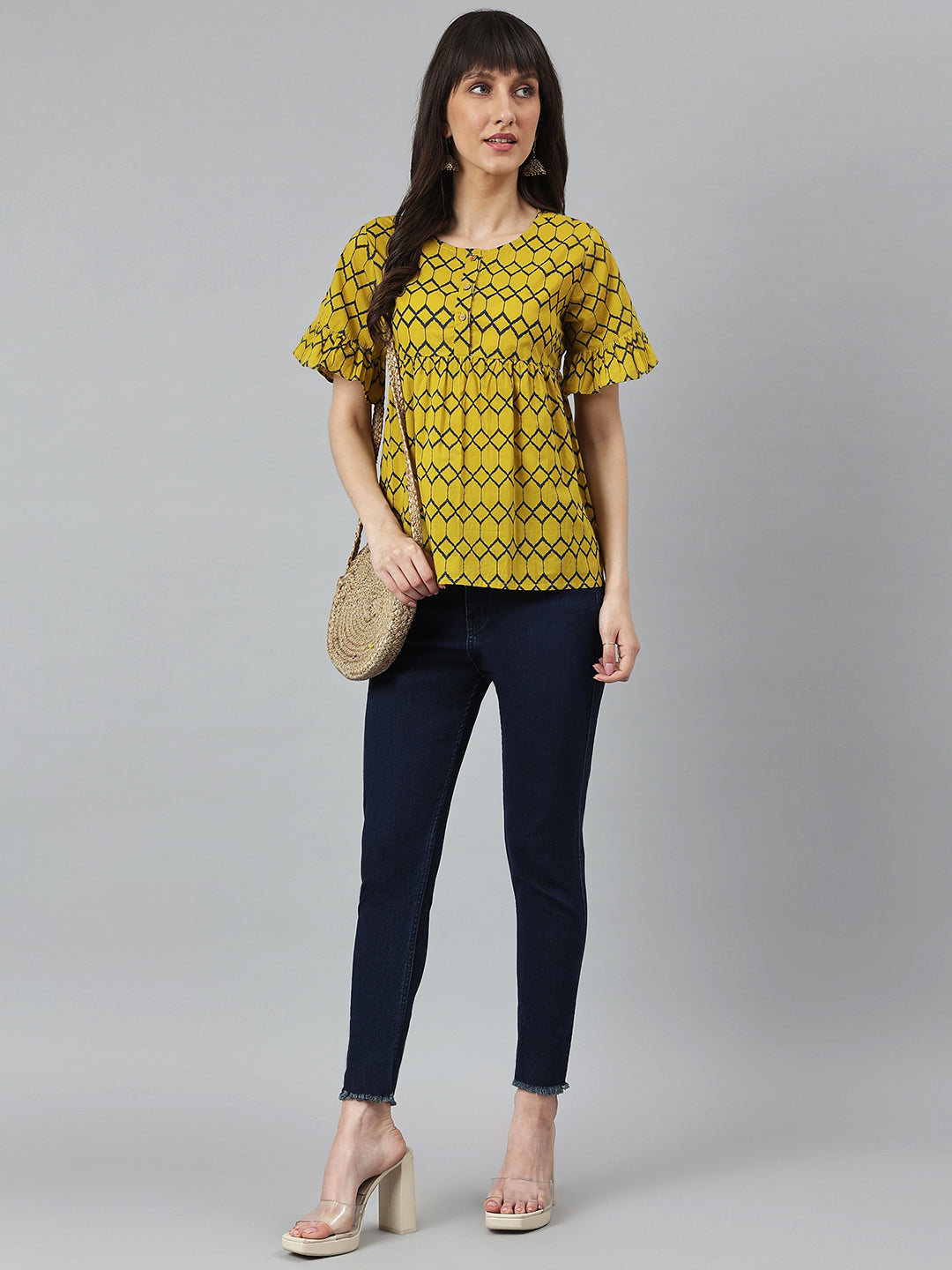 Mustard Printed Ruffle Sleeves Top