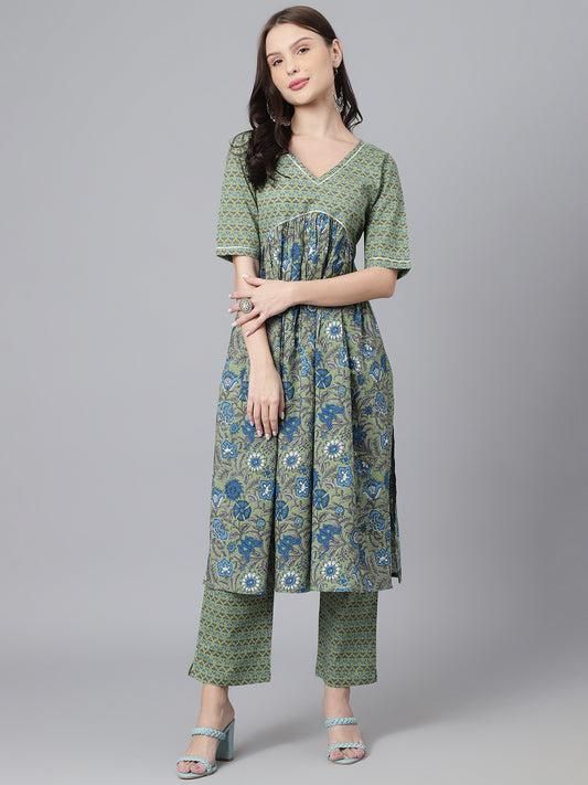 Green Floral Cotton Printed V Neck A-Line Kurta