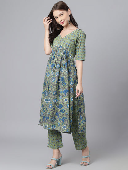 Green Floral Cotton Printed V Neck A-Line Kurta