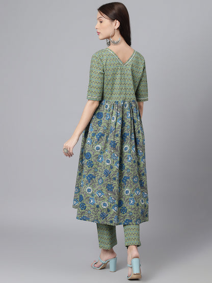 Green Floral Cotton Printed V Neck A-Line Kurta