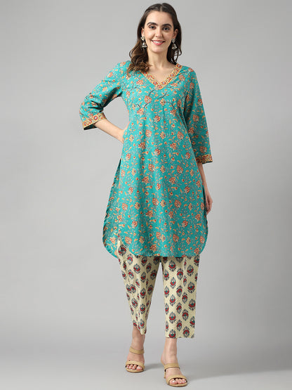 Ethnic Motif Green Suit Set