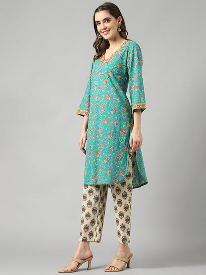 Ethnic Motif Green Suit Set