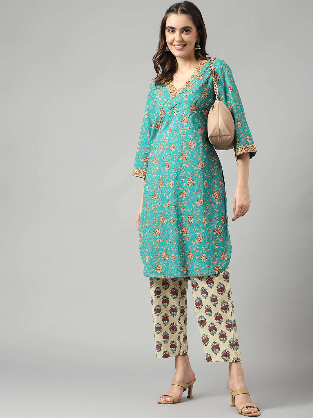 Ethnic Motif Green Suit Set