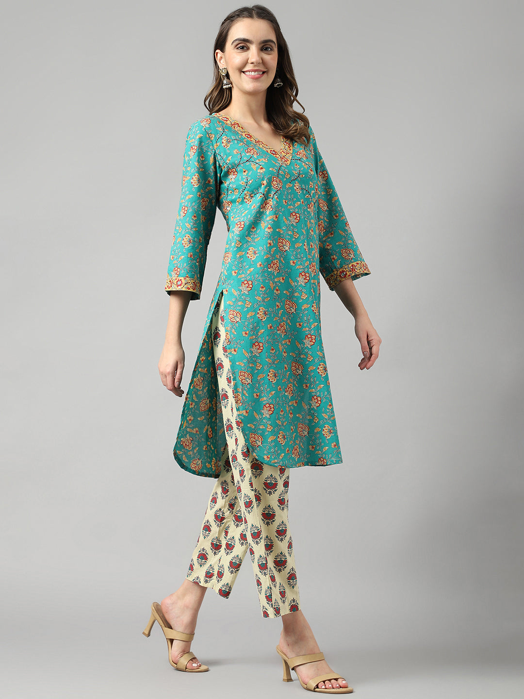 Ethnic Motif Green Suit Set