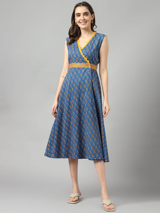 Blue Cotton Texrtured Fit & Flared Dress