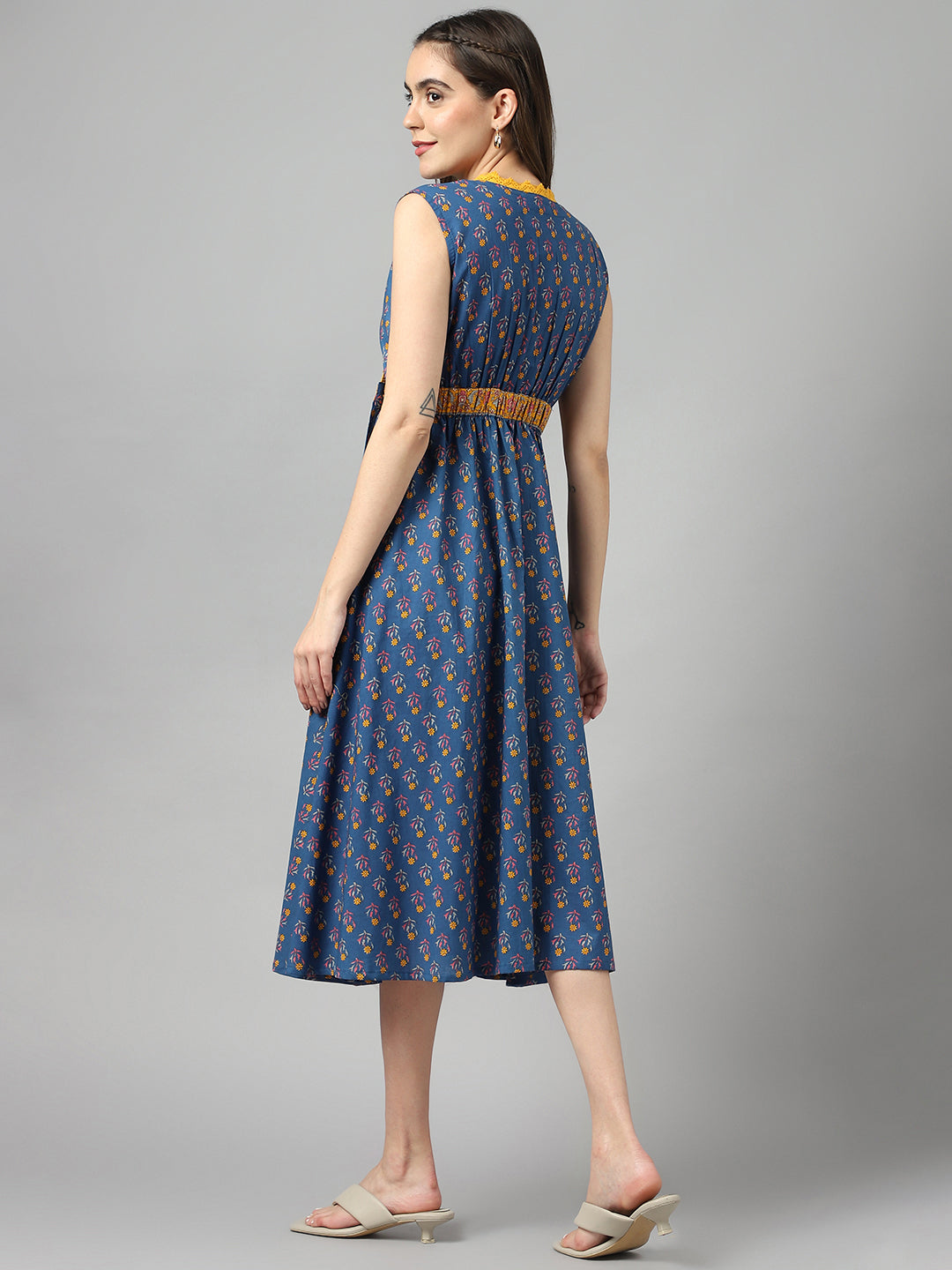 Blue Cotton Texrtured Fit & Flared Dress