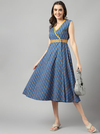 Blue Cotton Texrtured Fit & Flared Dress