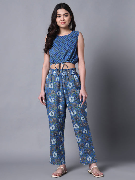 Blue Print Casual Crop Top And Pant Fusion Set