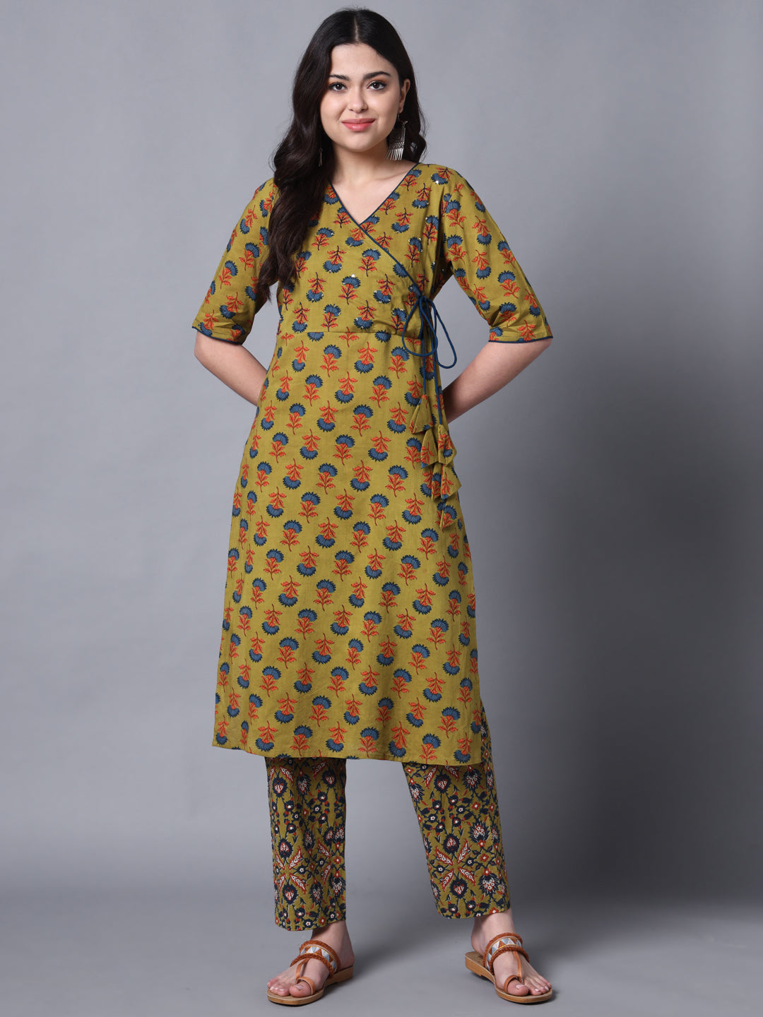 Mustard Angrakha Ethnic Motif Kurta Set