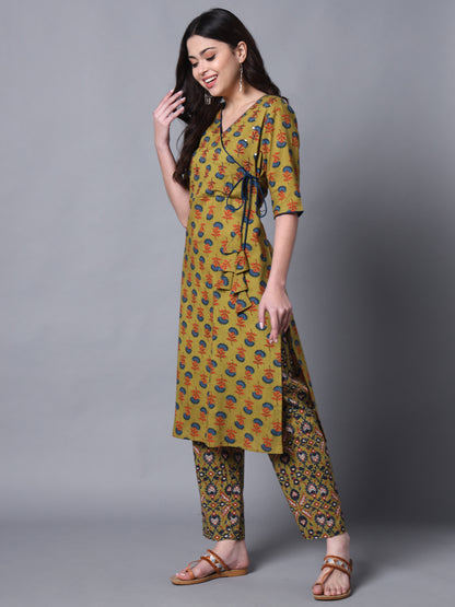 Mustard Angrakha Ethnic Motif Kurta Set