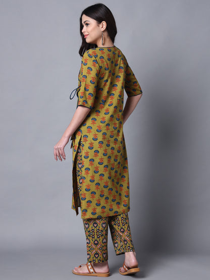 Mustard Angrakha Ethnic Motif Kurta Set