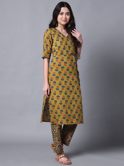 Mustard Angrakha Ethnic Motif Kurta Set