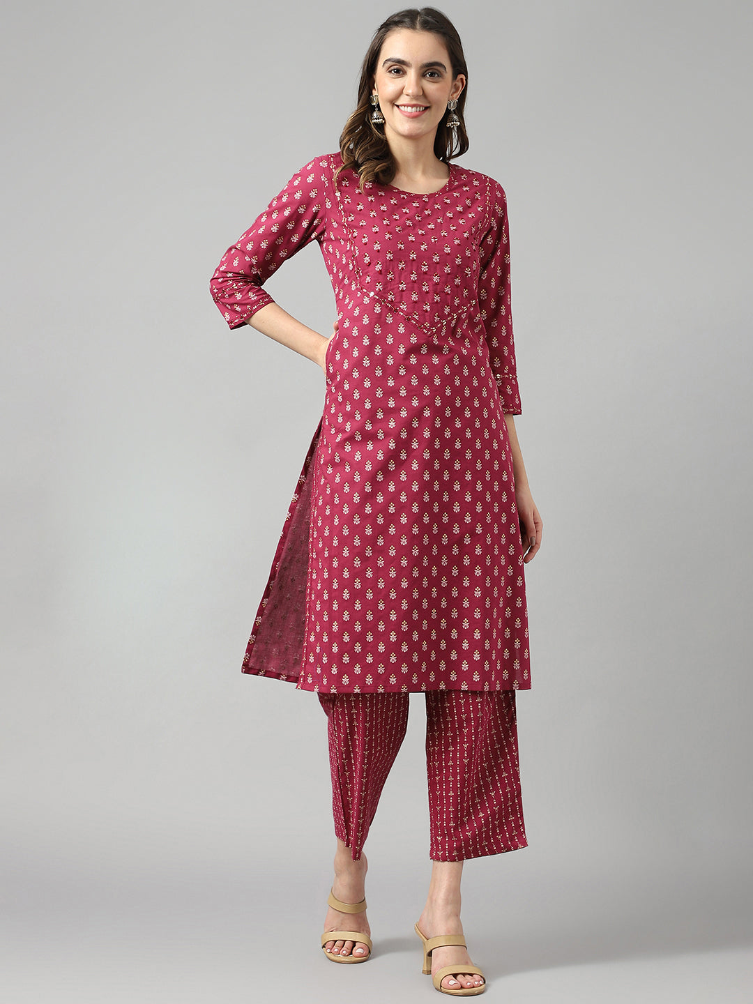 Beautiful Wine Colour Embroidered Straight Kurta Pant Set