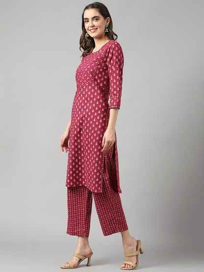 Beautiful Wine Colour Embroidered Straight Kurta Pant Set