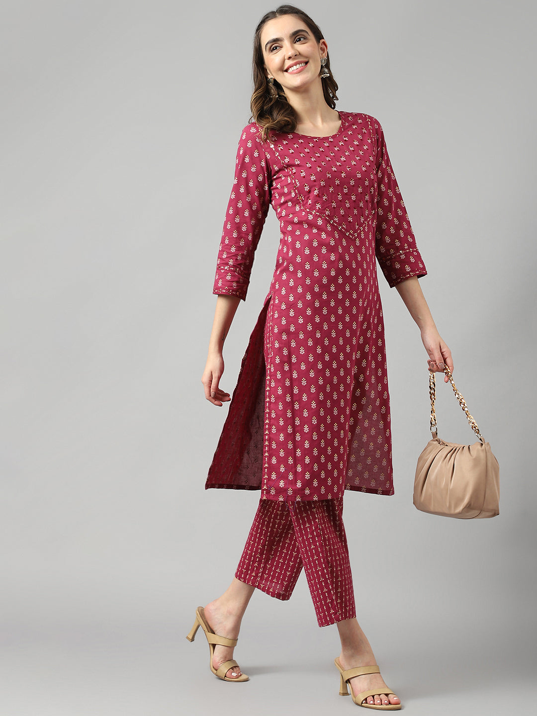 Beautiful Wine Colour Embroidered Straight Kurta Pant Set