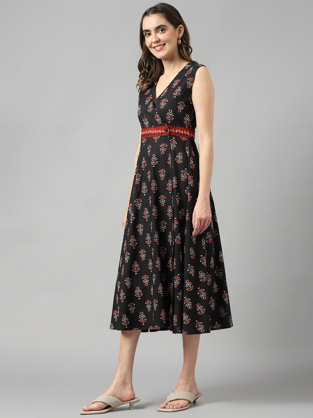 Black Cotton Ethnic Print Wrap Dress