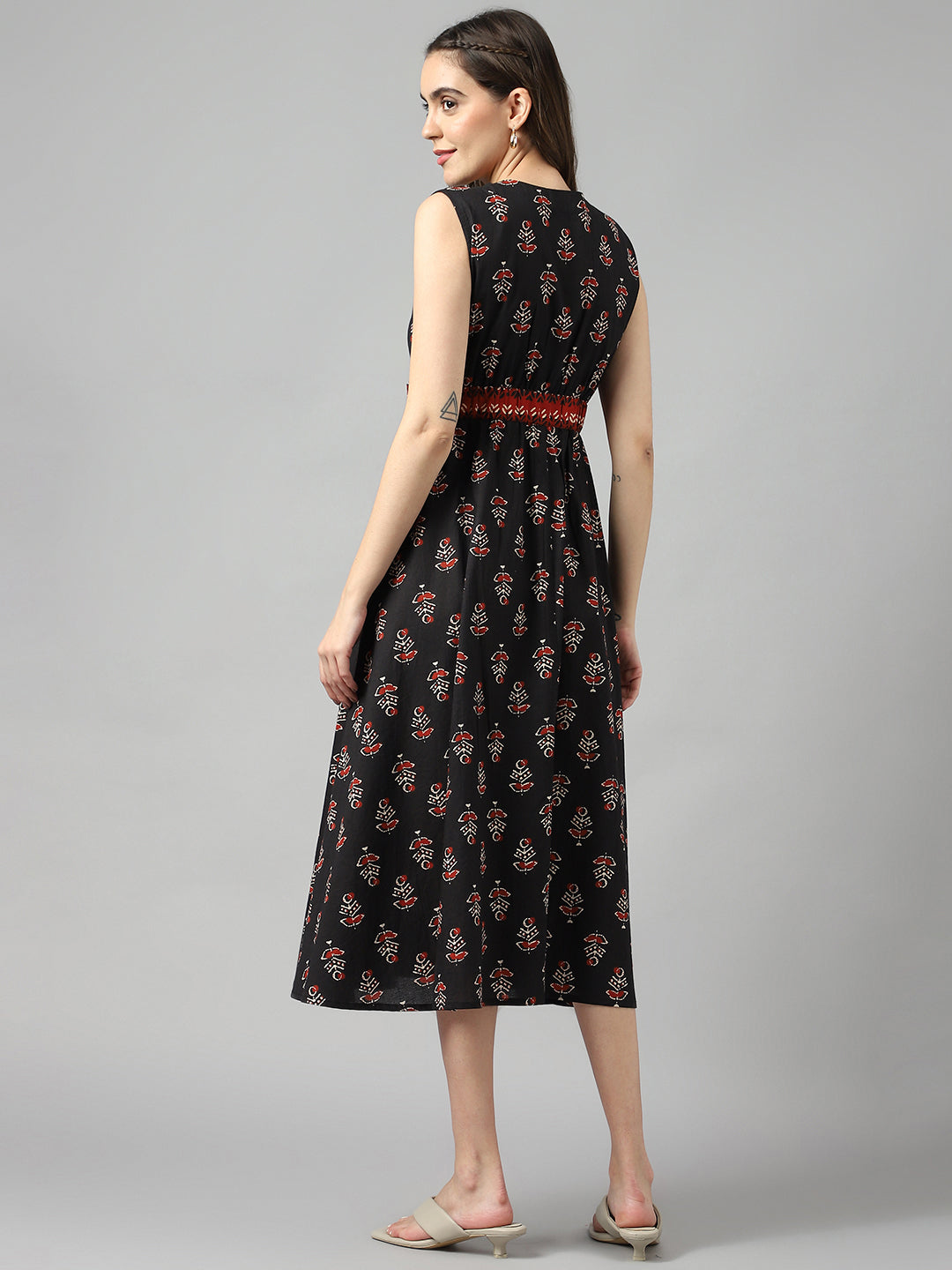 Black Cotton Ethnic Print Wrap Dress