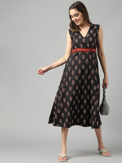 Black Cotton Ethnic Print Wrap Dress