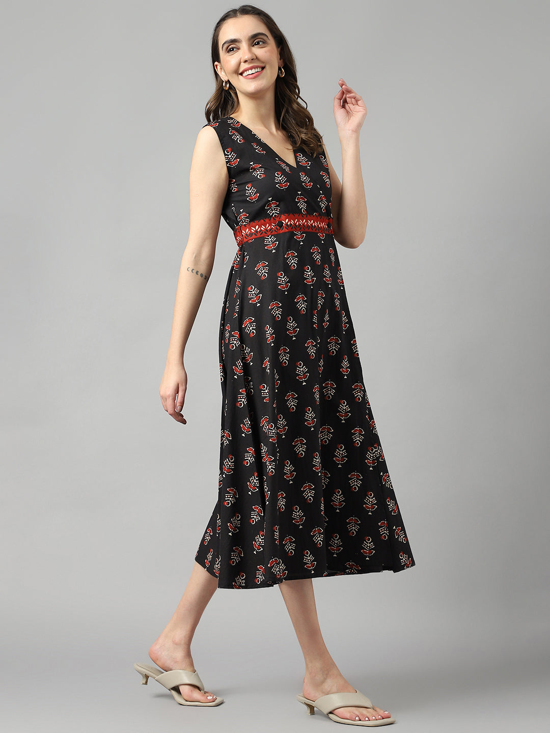 Black Cotton Ethnic Print Wrap Dress