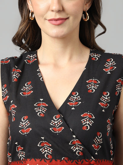 Black Cotton Ethnic Print Wrap Dress