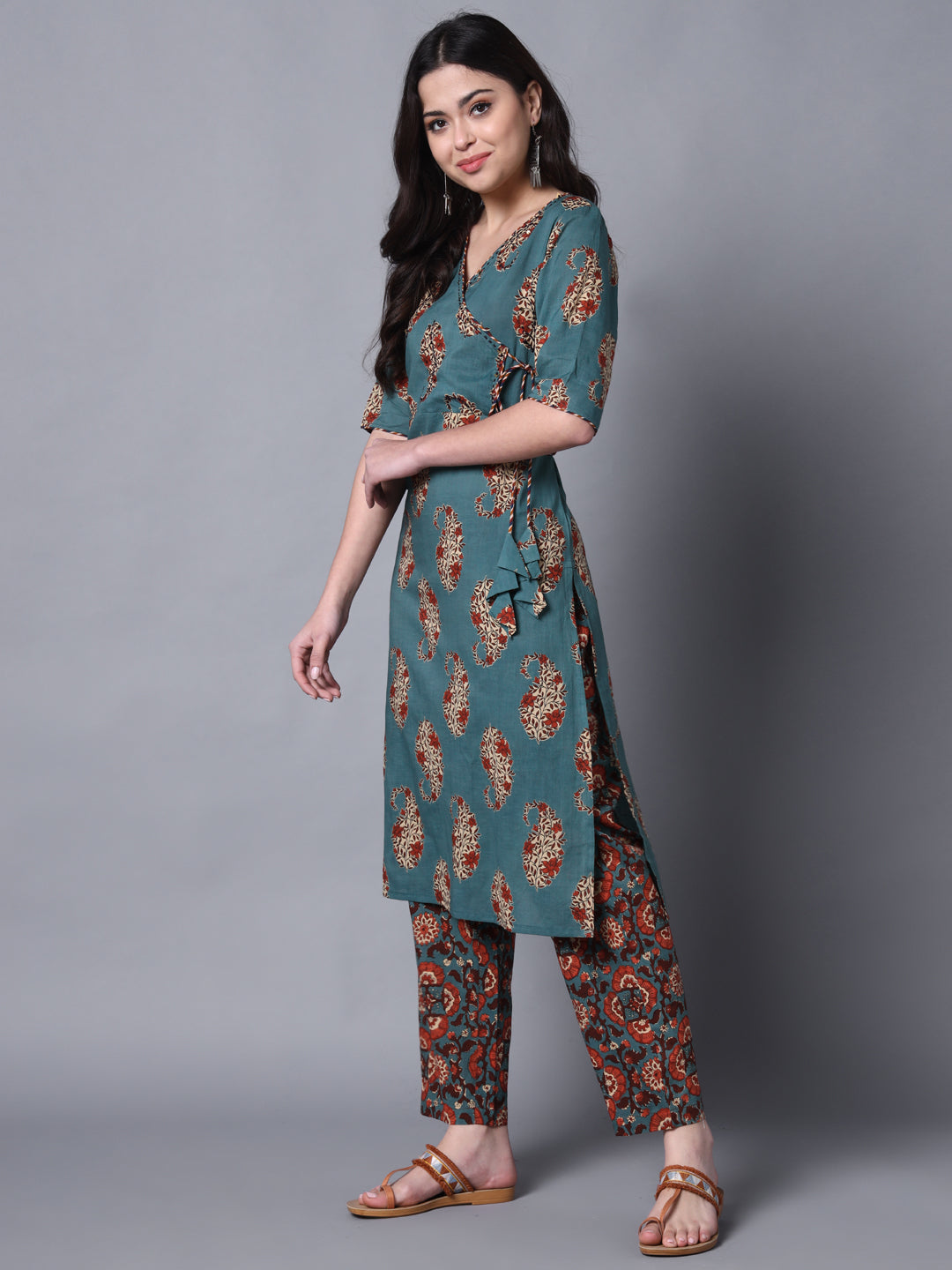 Green Angrakha Kurta Pant Set