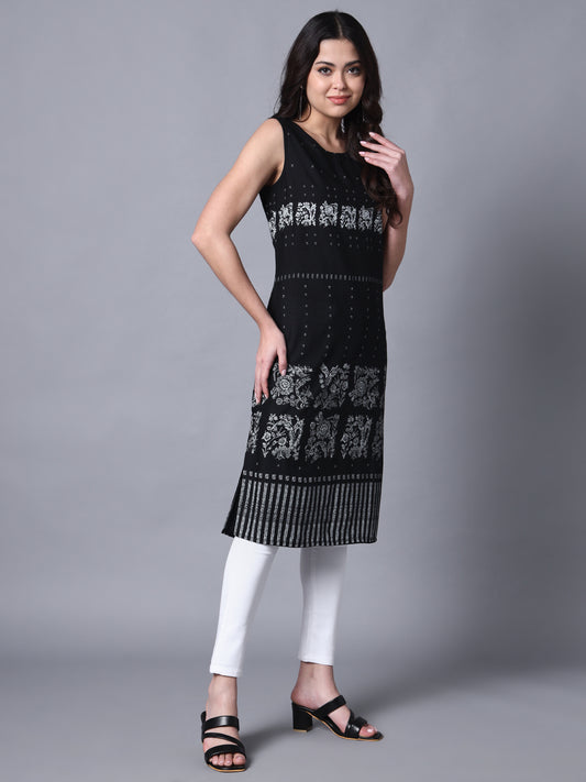 Black Rayon Print Strapy Straight Sleeveless Kurta