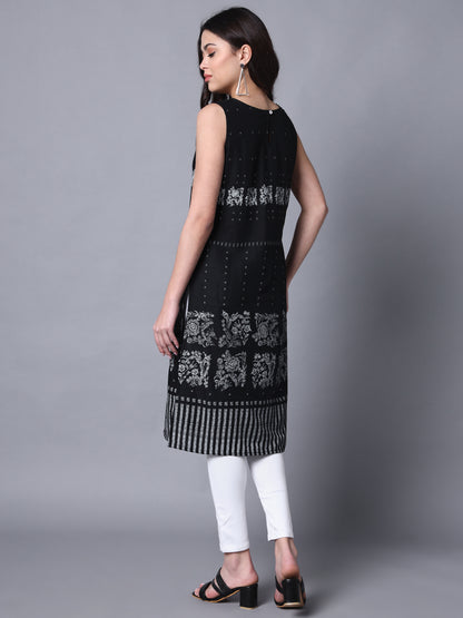 Black Rayon Print Strapy Straight Sleeveless Kurta