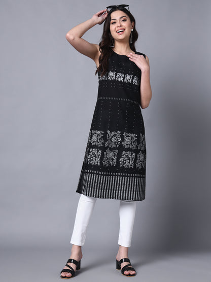 Black Rayon Print Strapy Straight Sleeveless Kurta