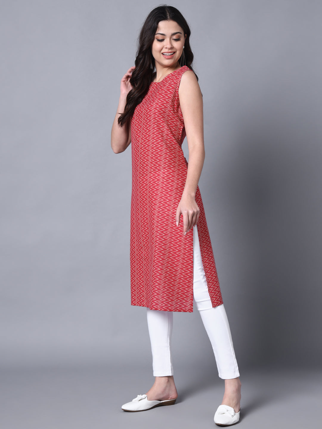 Maroon Stripes Straight Sleeveless Kurta