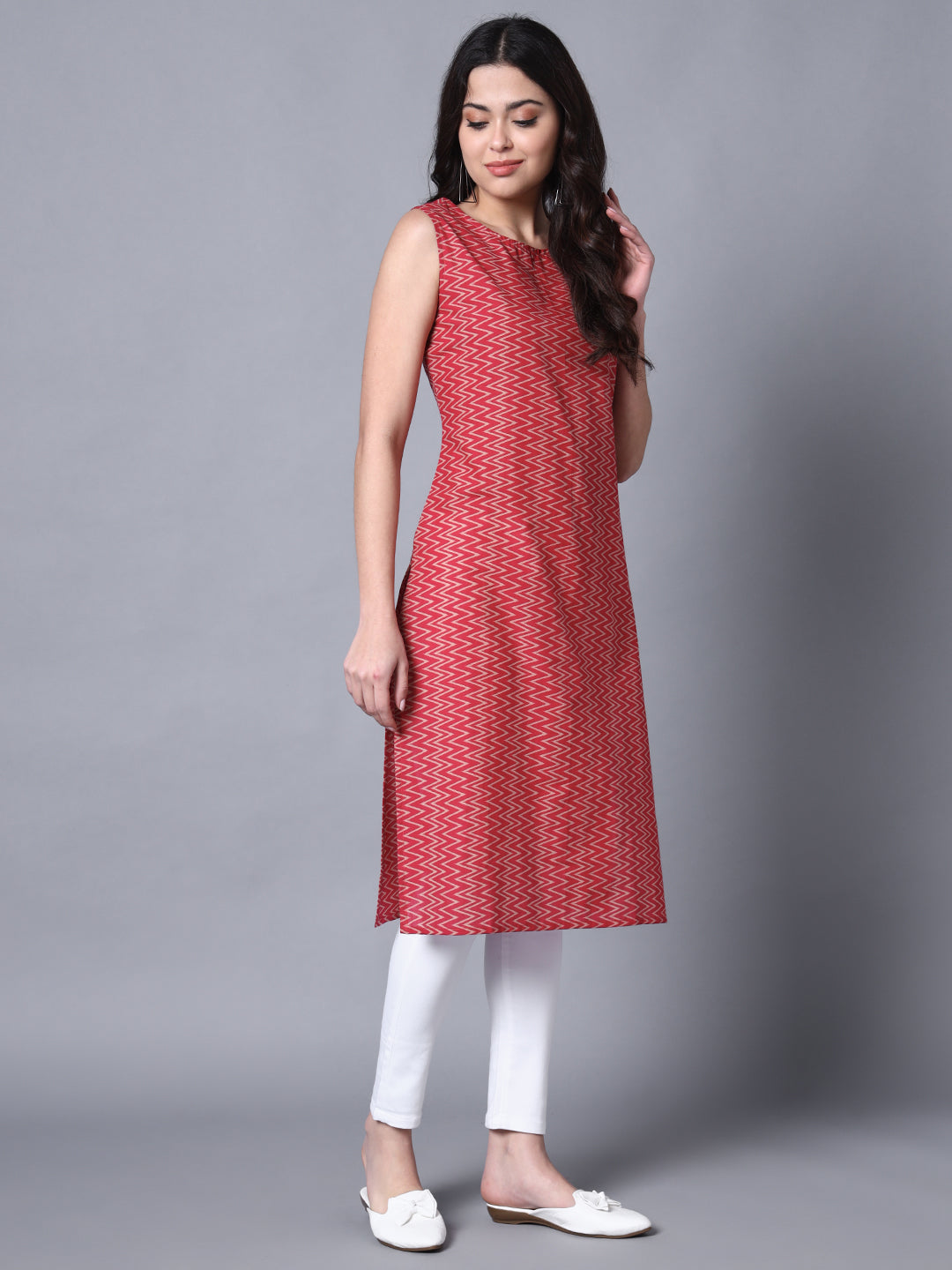 Maroon Stripes Straight Sleeveless Kurta