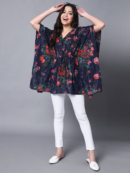 Womens'S Cotton Lurex Blue Printed Kaftaan Top