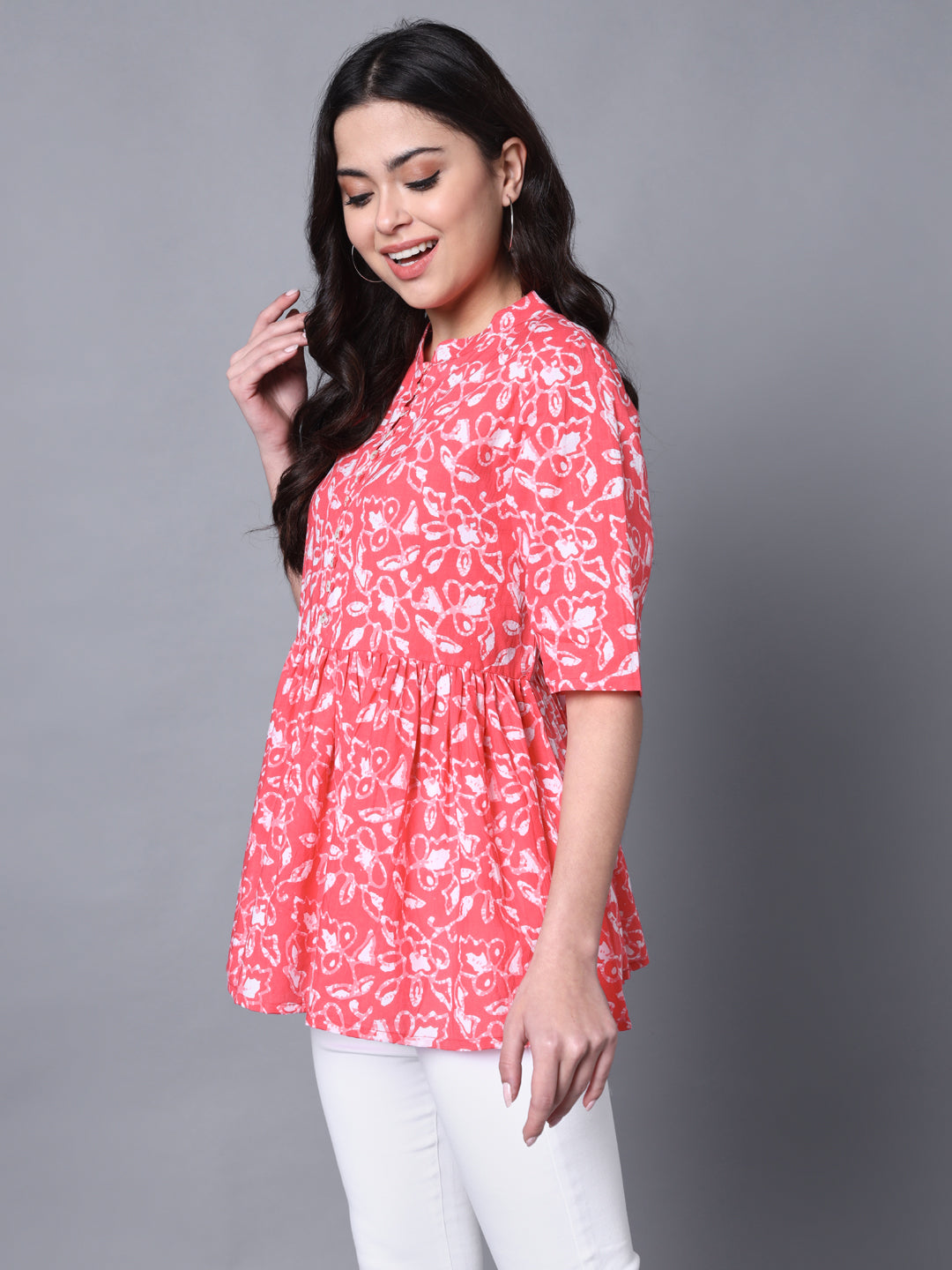 Cotton Pink Floral Printed Flared Top