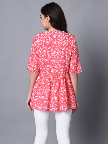 Cotton Pink Floral Printed Flared Top