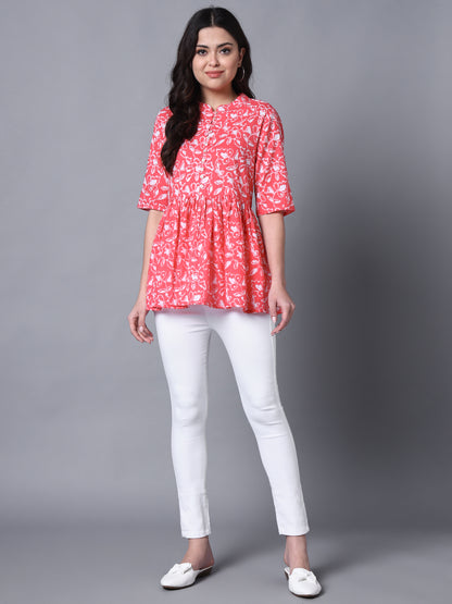 Cotton Pink Floral Printed Flared Top