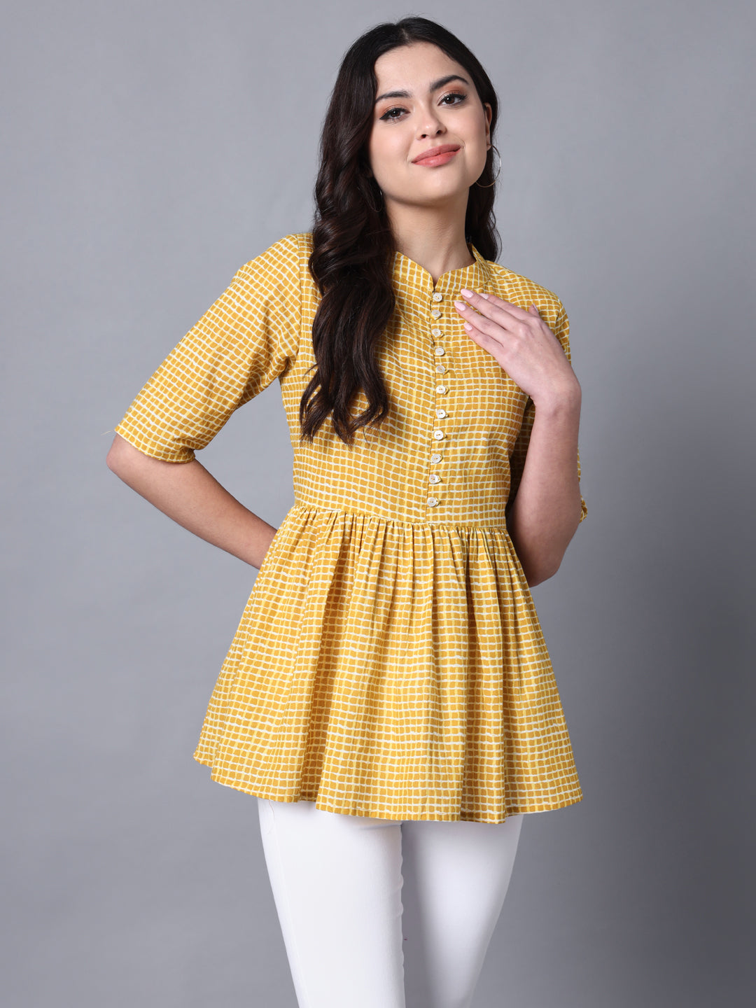 Cotton Yellow Chekered Printed Flared Top