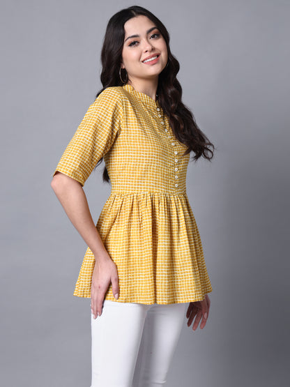 Cotton Yellow Chekered Printed Flared Top