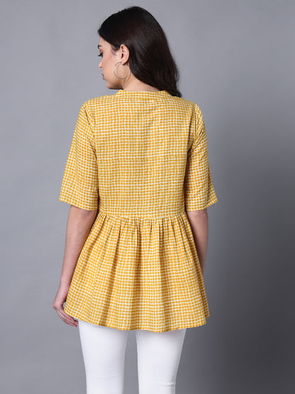 Cotton Yellow Chekered Printed Flared Top