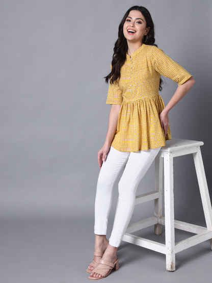 Cotton Yellow Chekered Printed Flared Top