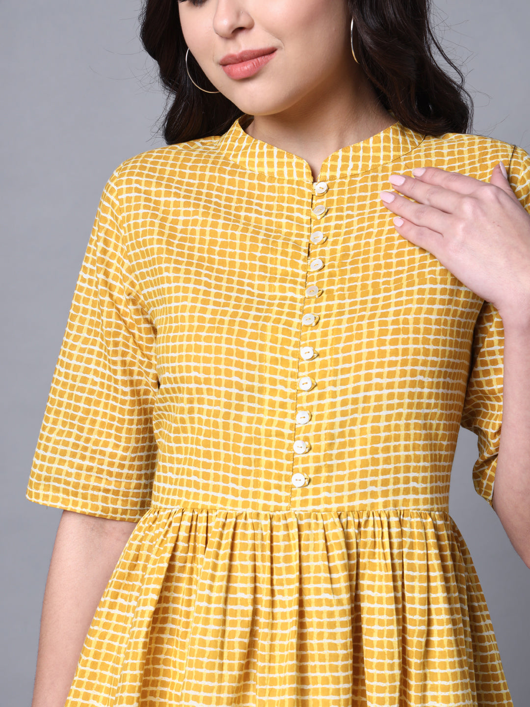 Cotton Yellow Chekered Printed Flared Top