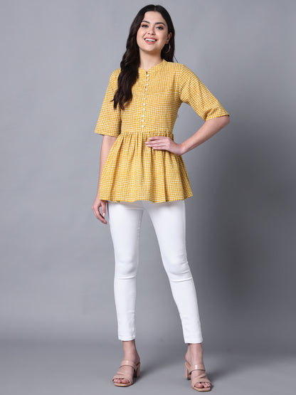 Cotton Yellow Chekered Printed Flared Top