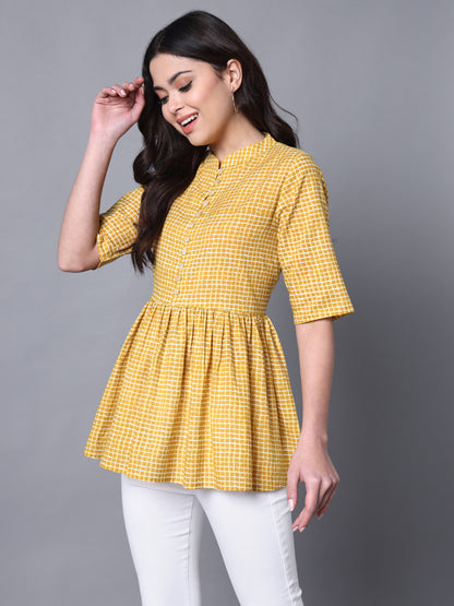 Cotton Yellow Chekered Printed Flared Top