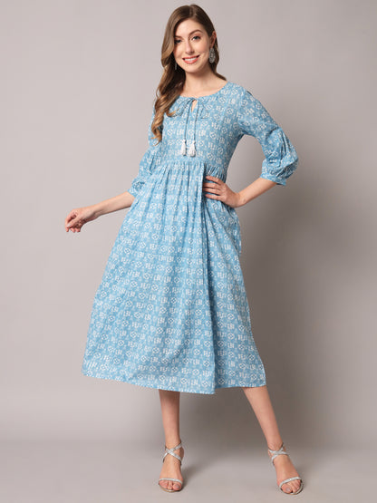 Blue & White Printed Lurex Cuffed Sleeve Dress