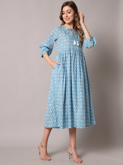 Blue & White Printed Lurex Cuffed Sleeve Dress