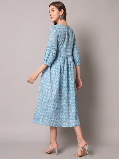 Blue & White Printed Lurex Cuffed Sleeve Dress