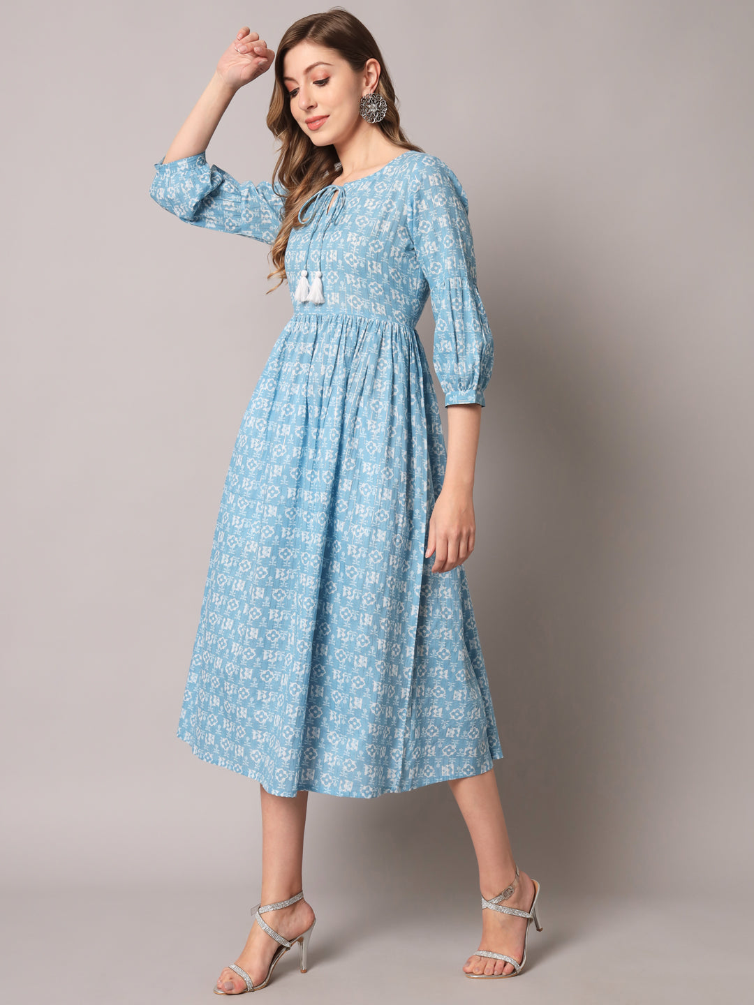 Blue & White Printed Lurex Cuffed Sleeve Dress