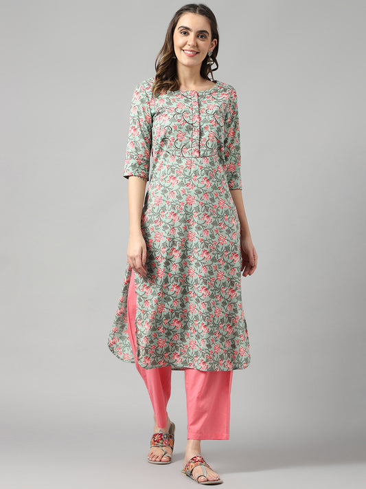 Cotton Green & Pink Straight Hem Kurta